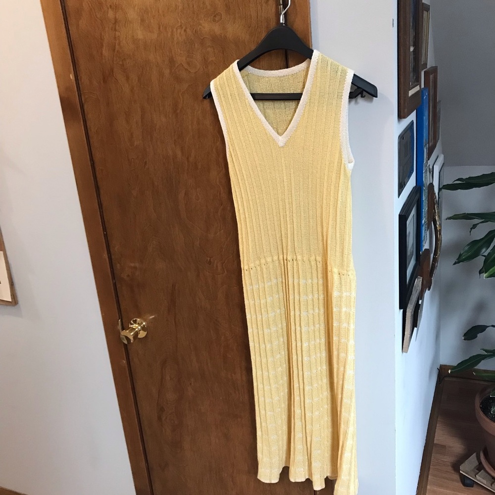 Vintage Hand Crocheted Long Dress Sleeveless Handmade Yellow + White Knit Retro
